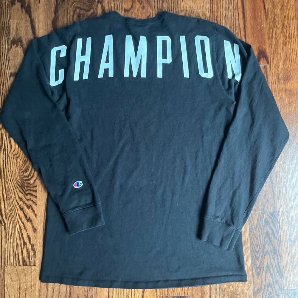 Champion Sweatshirt L Big Spell Out Logo Reverse Weave Pullover Black Crewneck